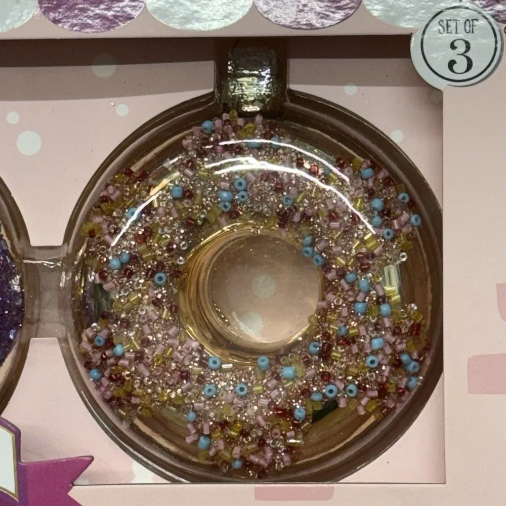 Pink Sky GLASS Iced Donut Shoppe Ornaments Pink Purple Sprinkles 3 Pack 3.5